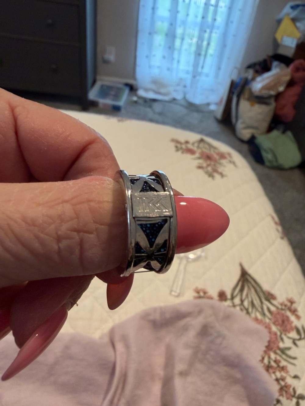 Silver-Tone Geometric Band Ring with Blue Inlay